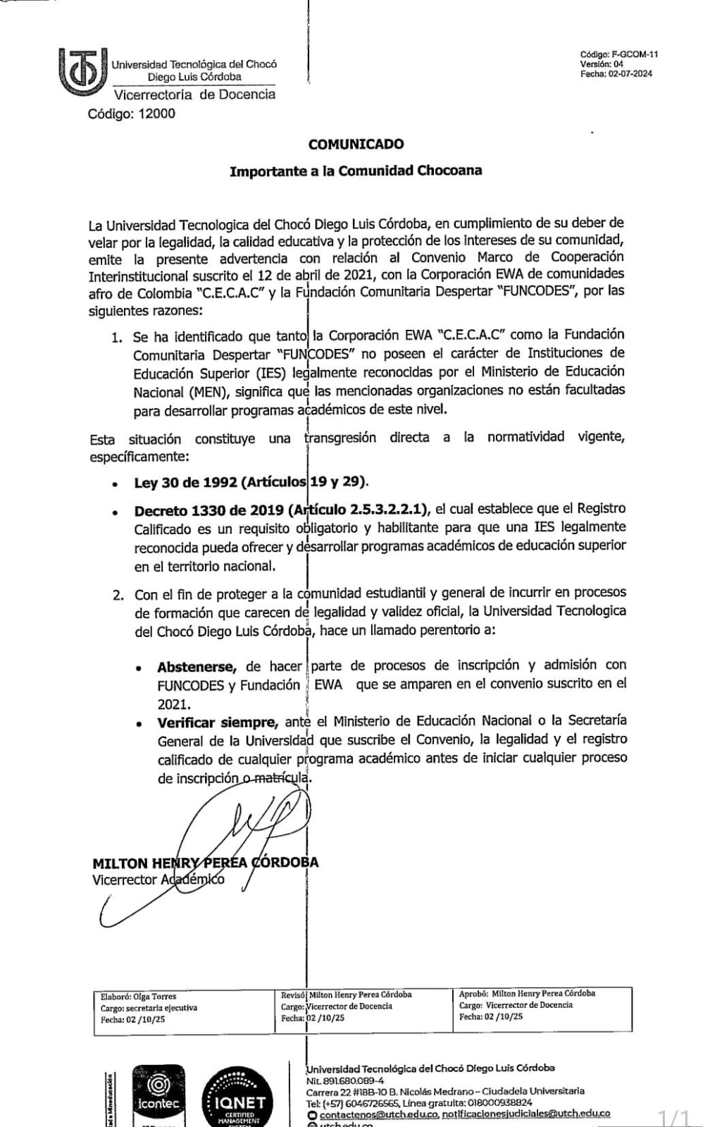 UTCH advierte sobre convenio con organizaciones no reconocidas como Instituciones de Educación Superior