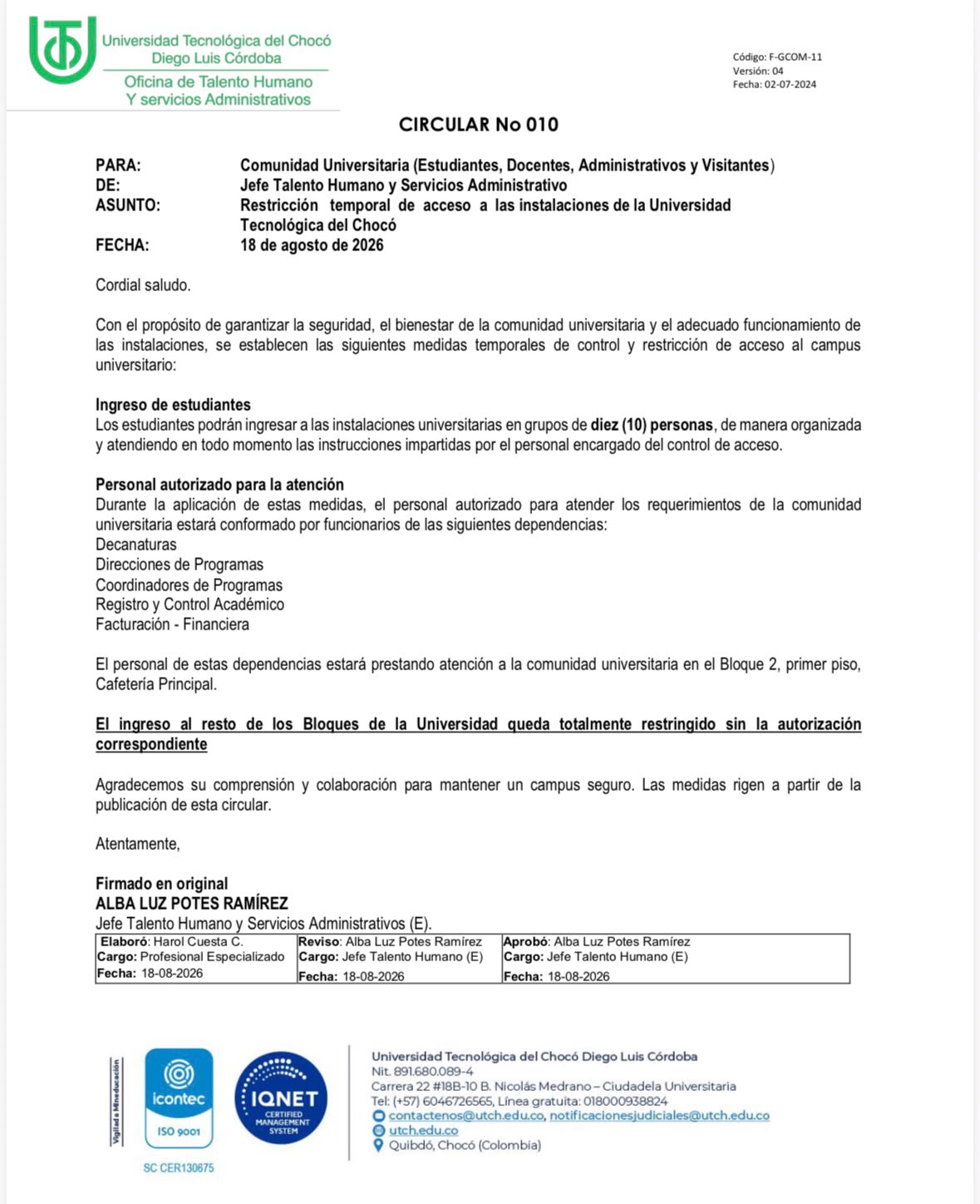 Comunicado a la comunidad universitaria