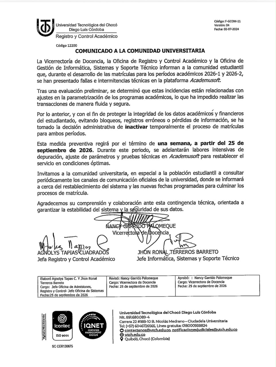 Suspensión temporal de matrículas